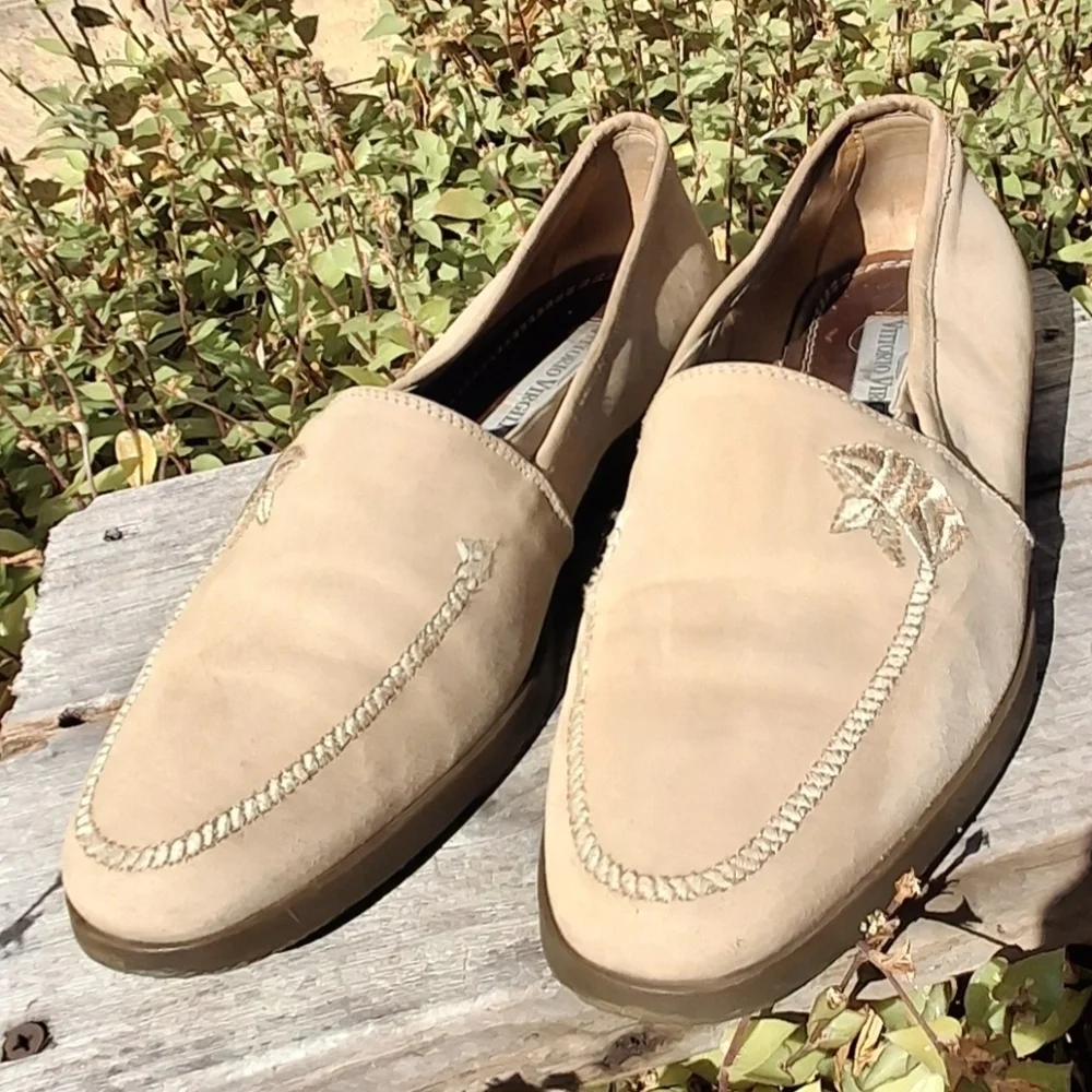 Vittorio Virgili Men Embroidery Shoes Beige Suede Loafers Italy Size EU41/US 8
